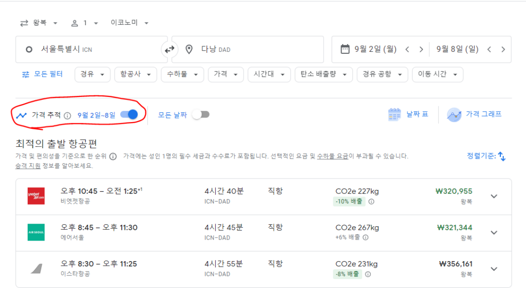 구글 플라이트를 활용한 최저가 항공권 찾기 4 구글 플라이트 가격 추적 이미지